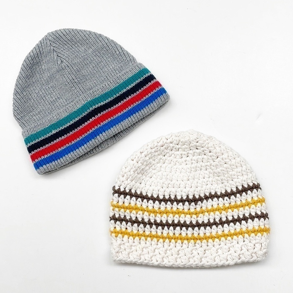 Set of striped knit baby beanies